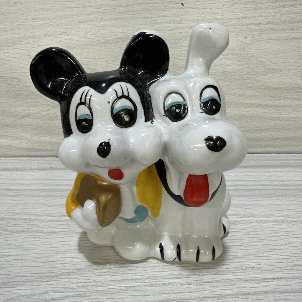 Vintage Ceramic Mickey Mouse & Pluto Dog Coin Bank w/ Stopper